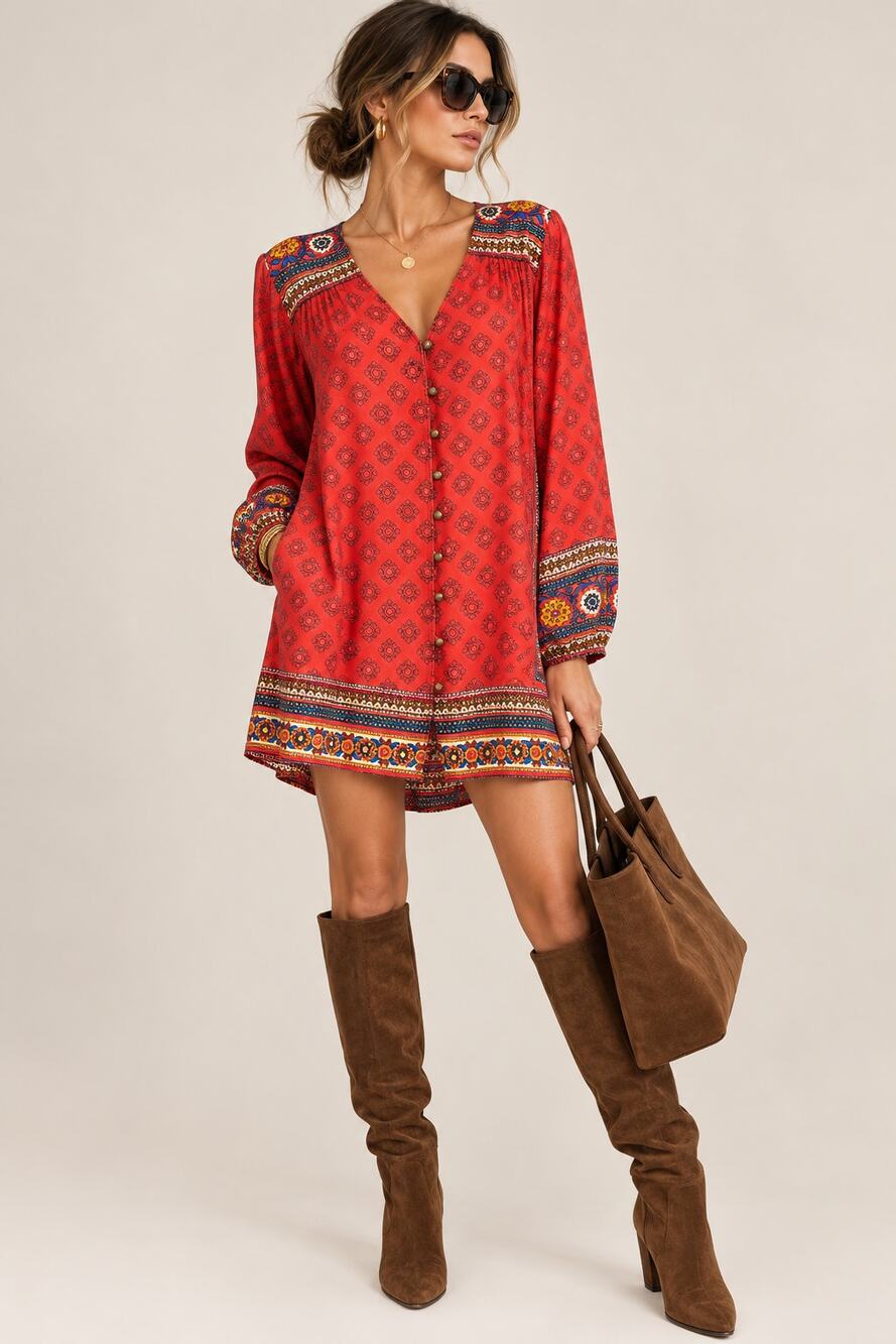 MINKPINK Red Boho Floral Kaleidoscope Print Button Front Mini Dress Tunic XS